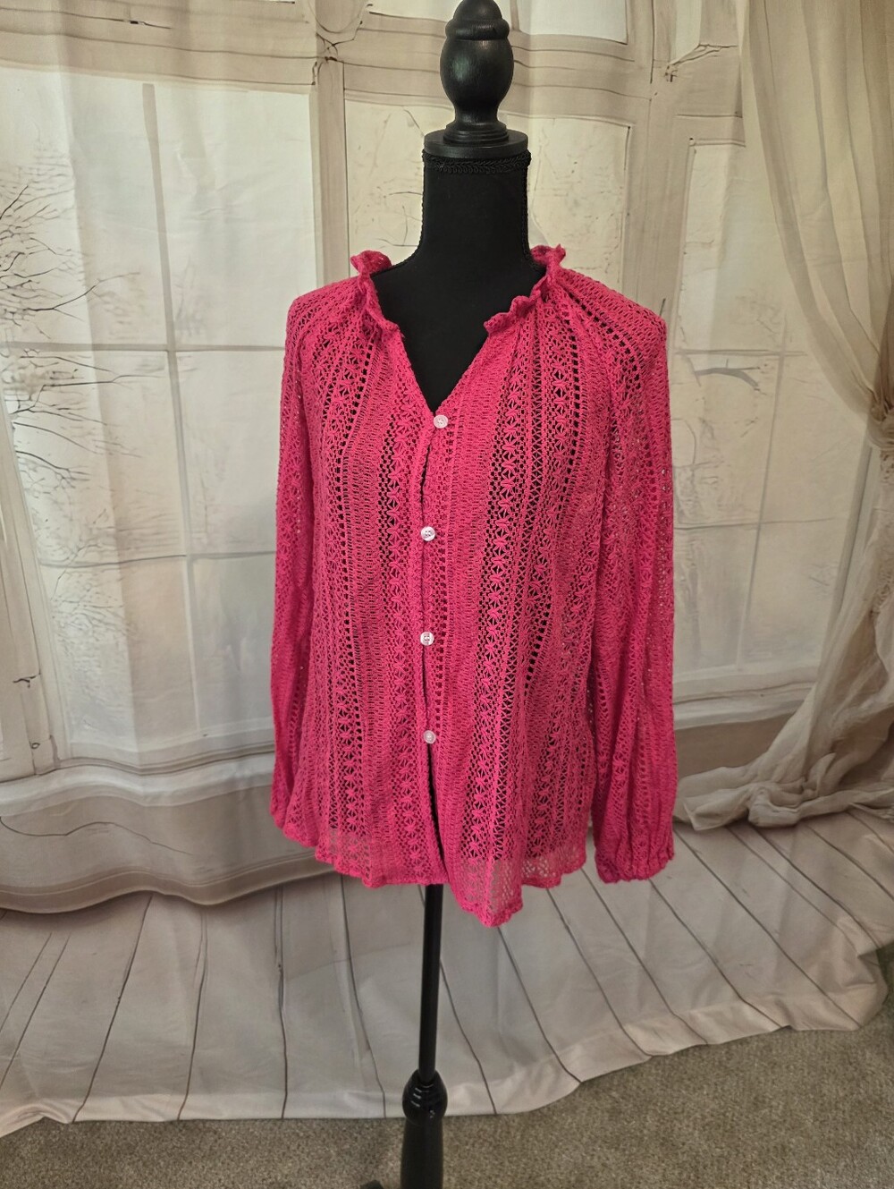 Women's Bright Pink Lace Button-Down Knit Shirt